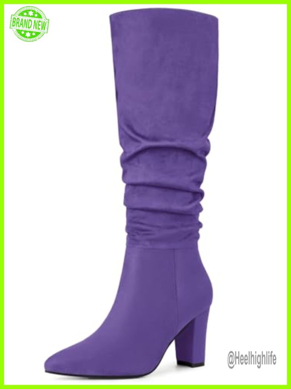 Slouch Knee High Boots Pointed Toe Chunky Block Heel Pull On Faux Suede